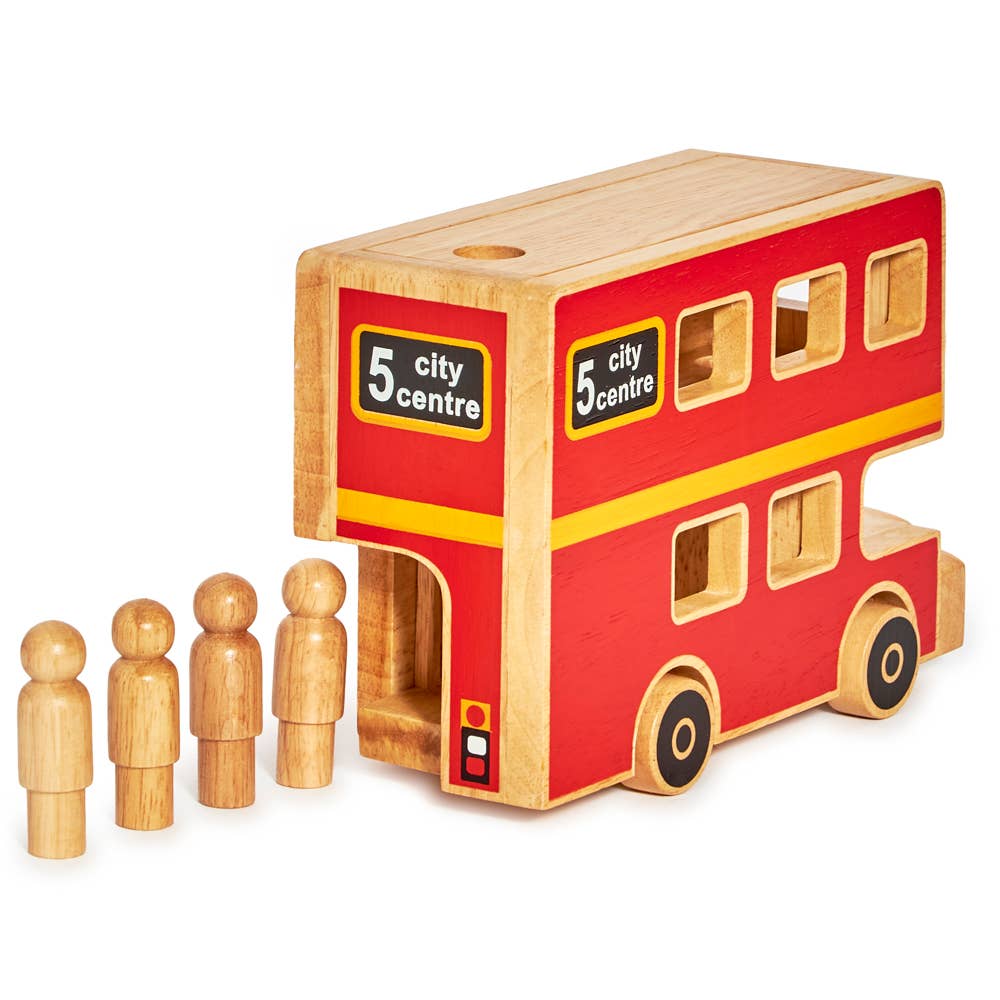 Wooden toy bus with '5 city centre' sign and five wooden figures on a white background