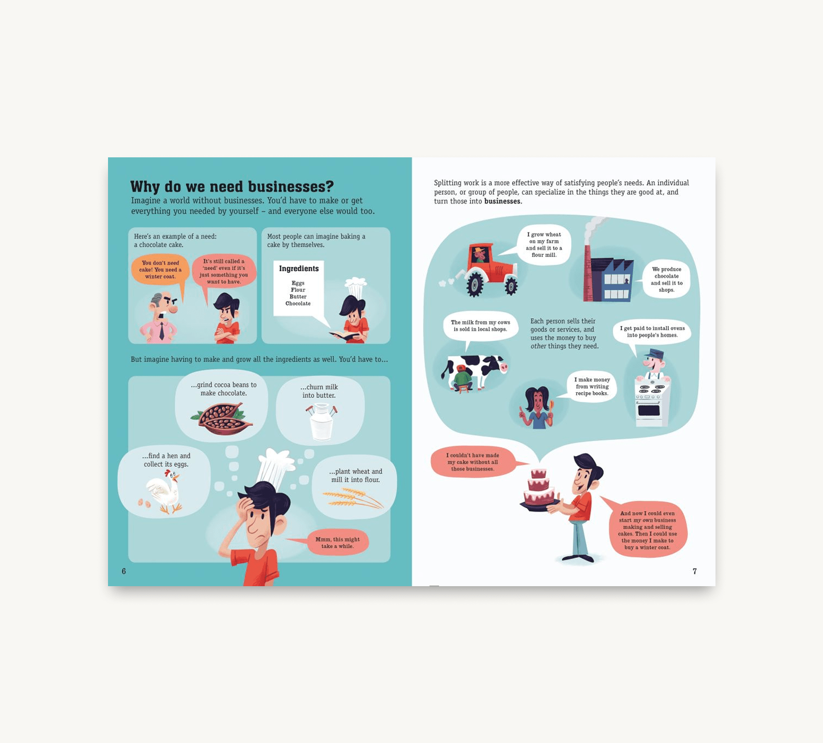 Educational book page about businesses with illustrations and text.