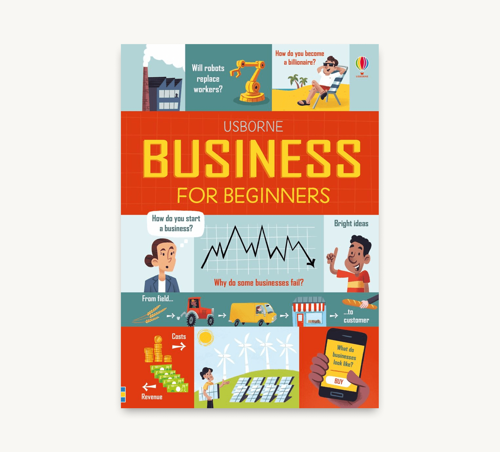 Book cover of 'Business for Beginners' by Usborne with colorful illustrations and text.