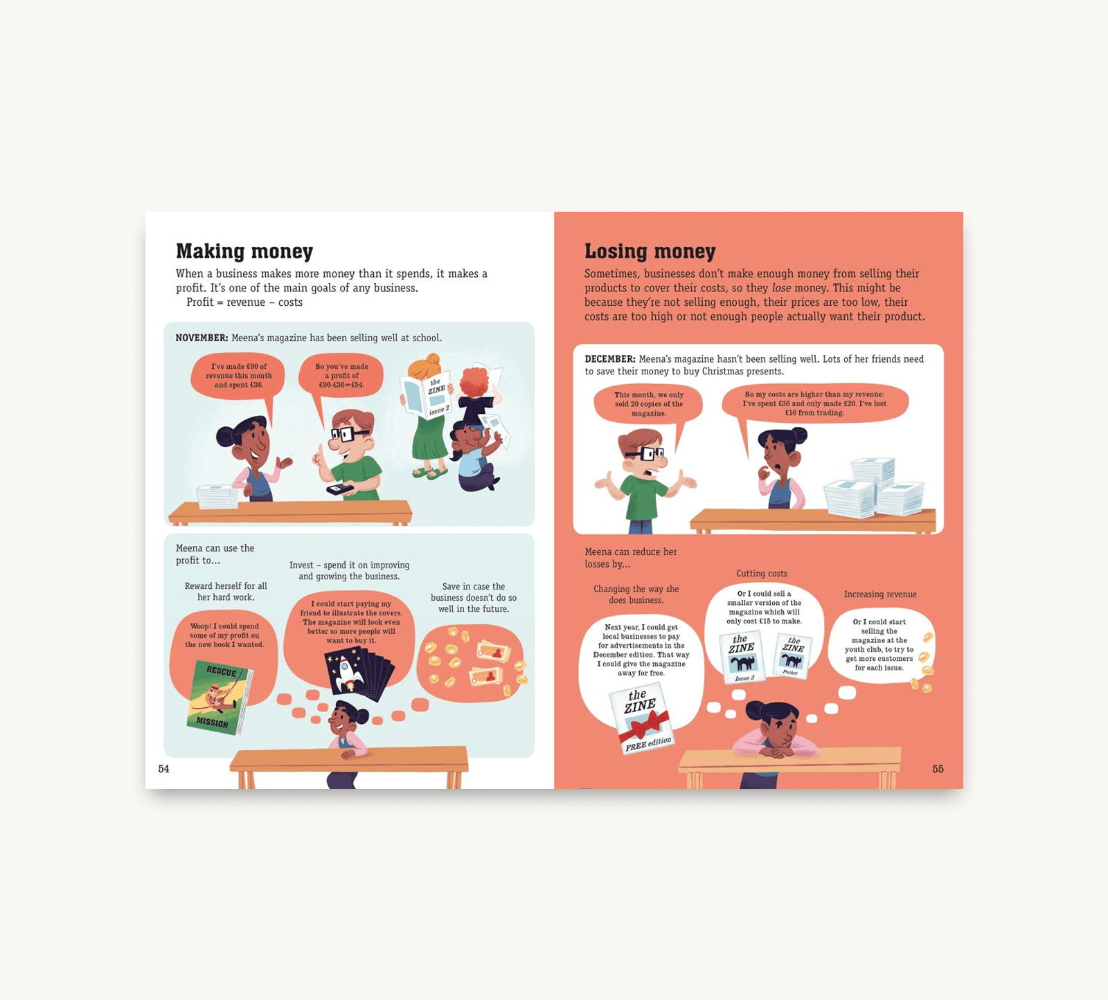 Educational book page about making and losing money with illustrations and text.
