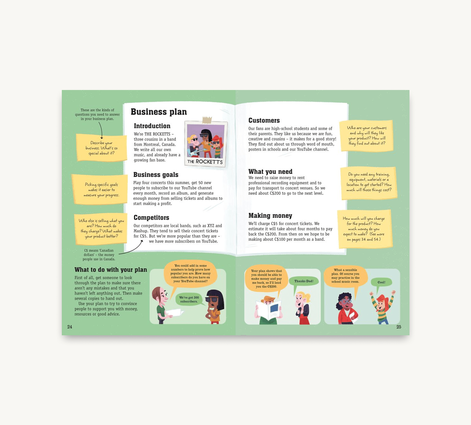 Open book with business plan sections on a green background