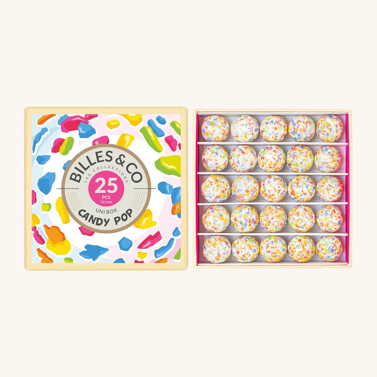 Belles & Co candy pop box with colorful packaging and candy inside on a white background