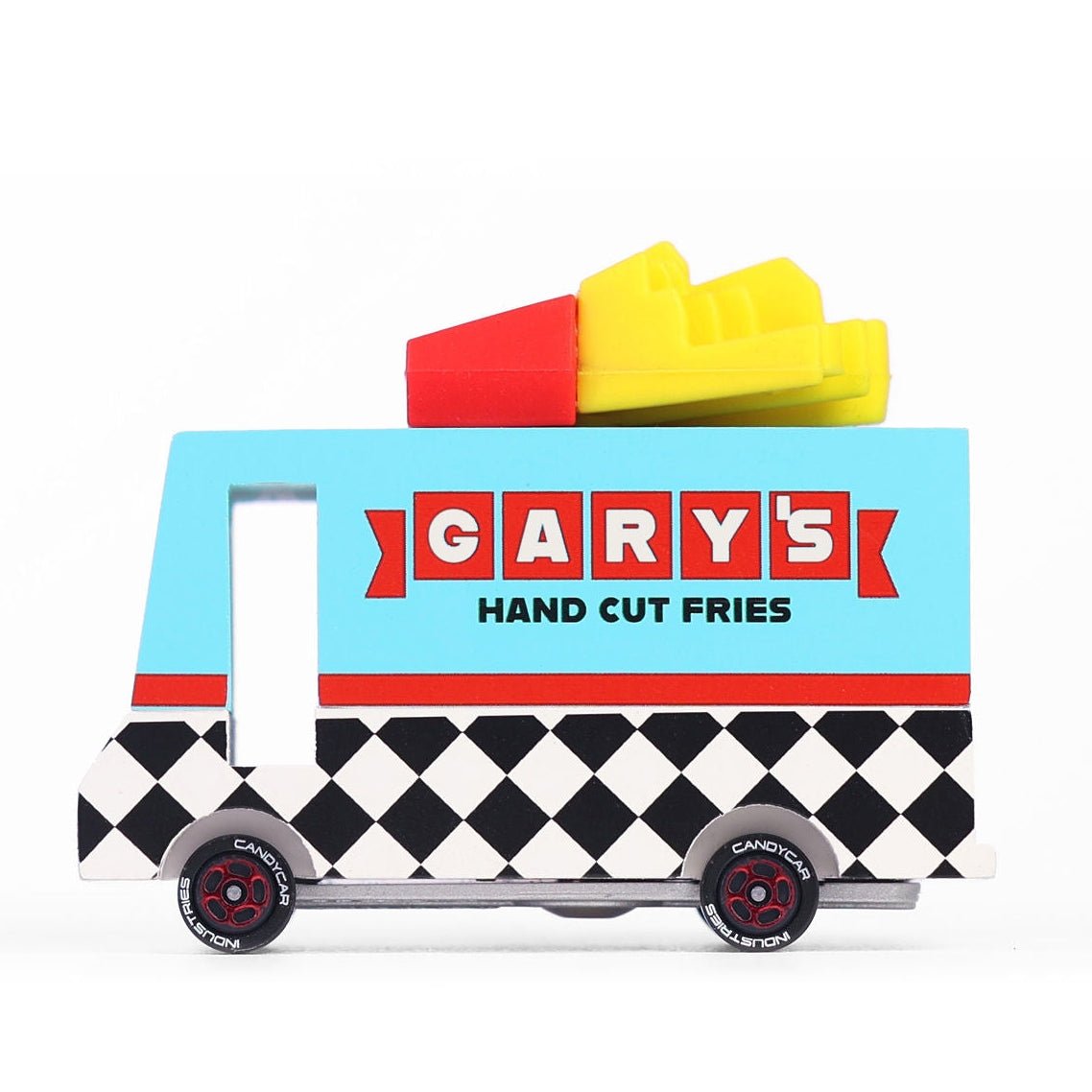 Toy truck with 'Gary's Hand Cut Fries' branding on a white background