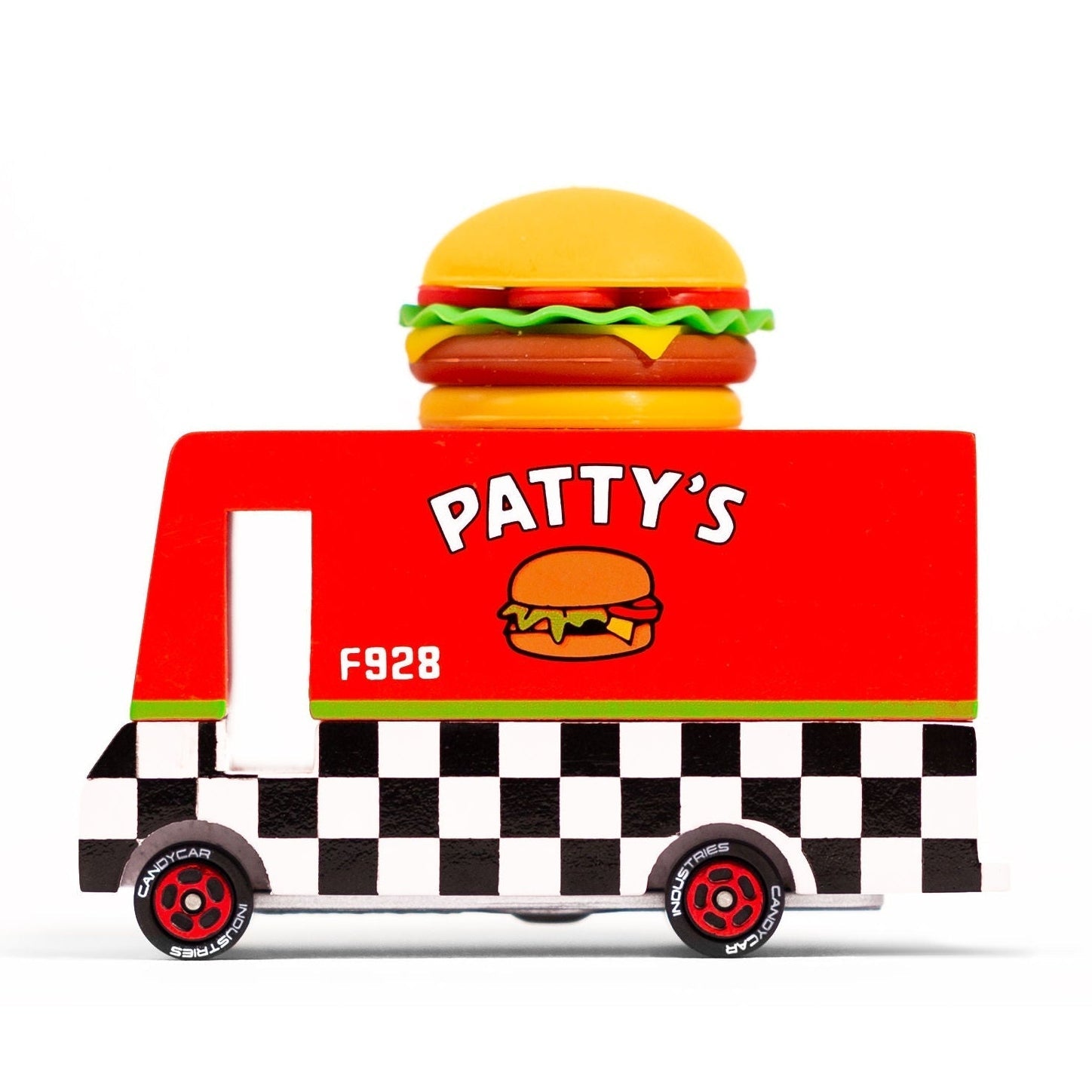 Toy truck with a hamburger on top, branded 'Patty's', on a white background