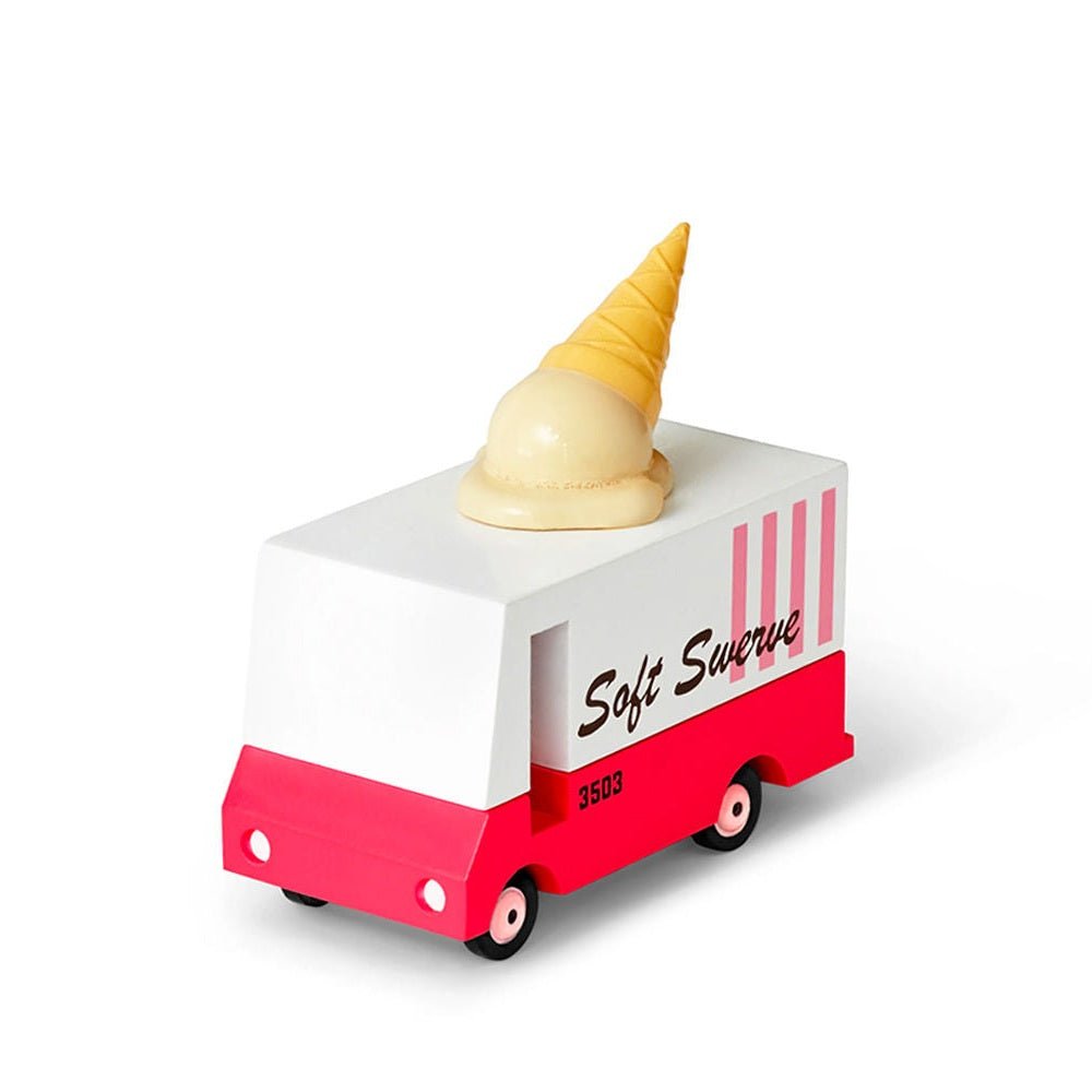 Toy ice cream truck with a soft serve cone on a white background