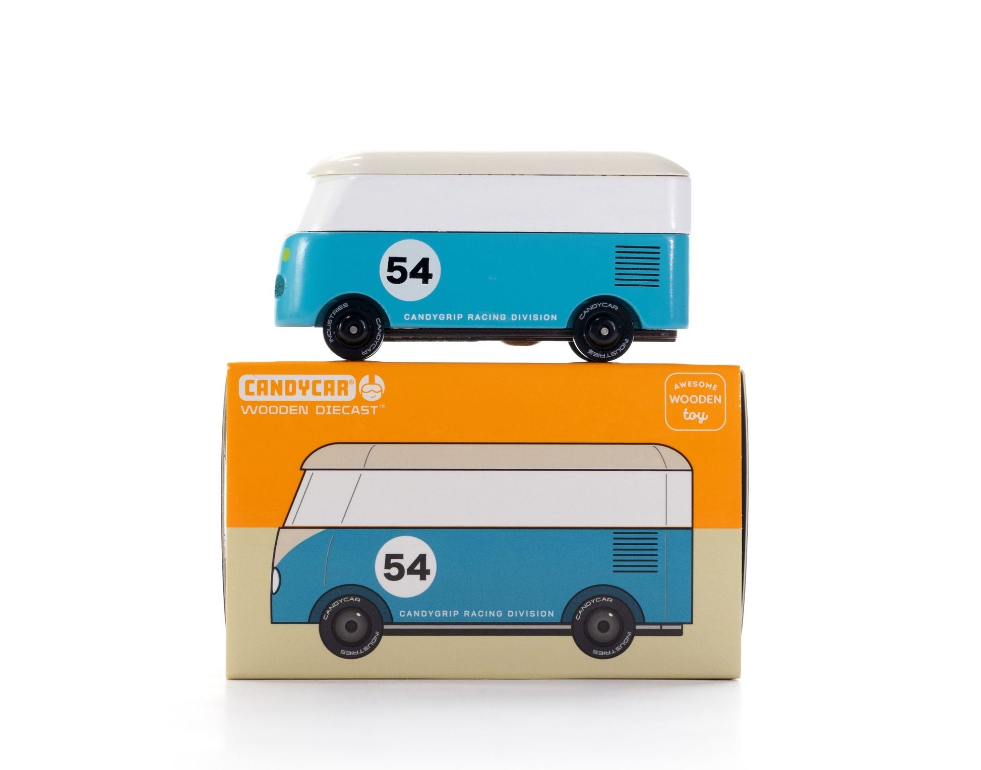 Blue toy car with white number 54 on a matching box against a white background