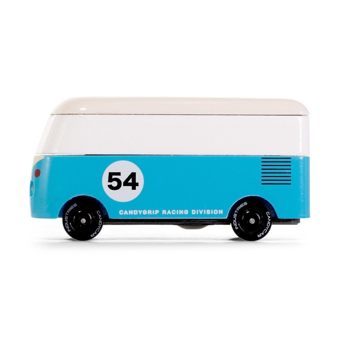Toy car with blue and white design on a white background