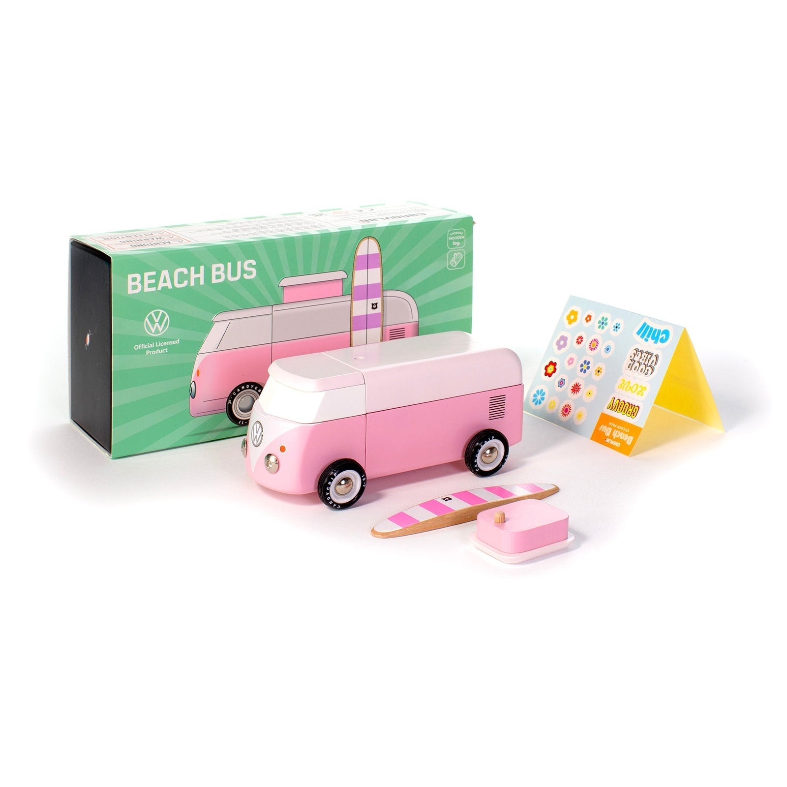 Pink toy bus with accessories and packaging on a white background