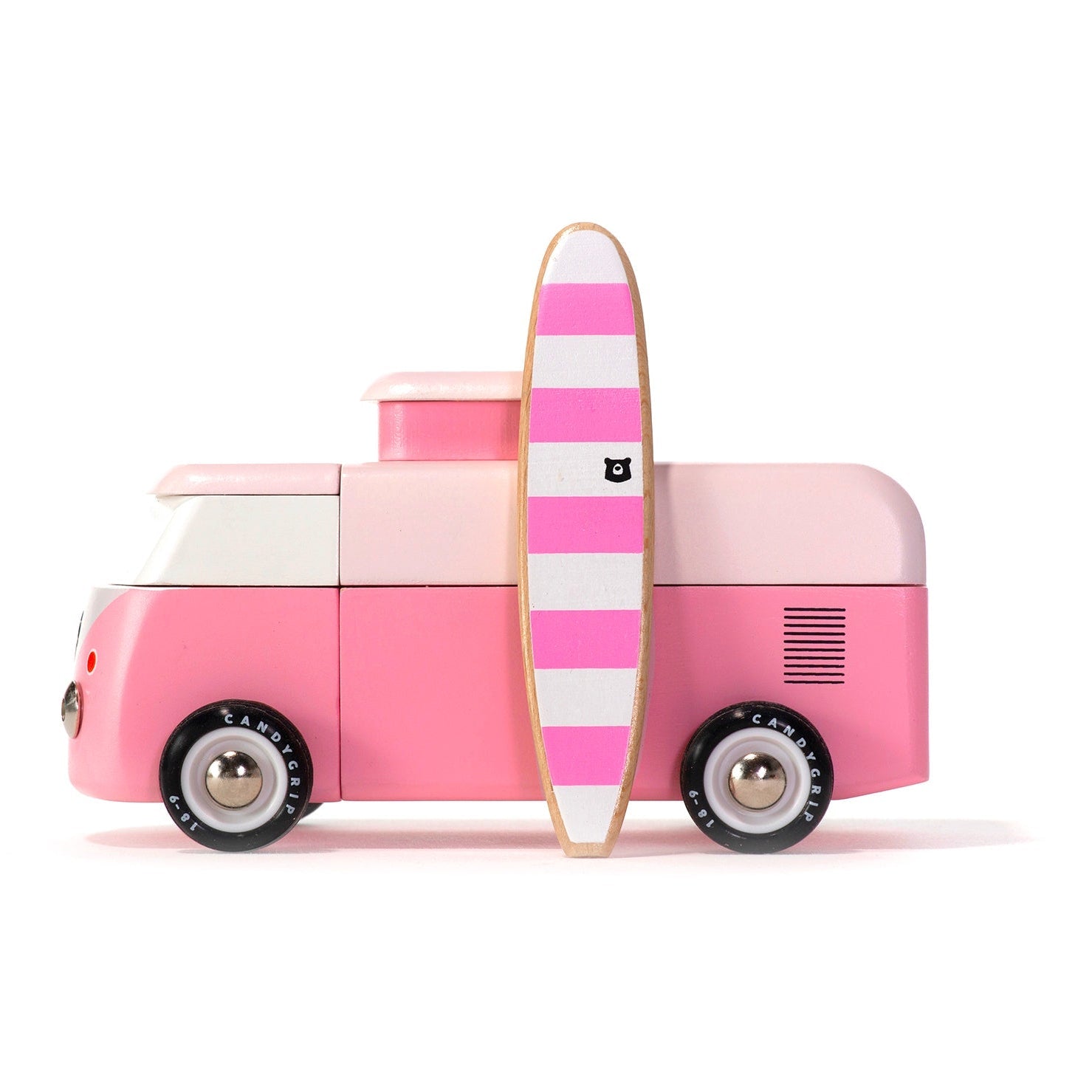 Pink toy van with a striped surfboard on a white background