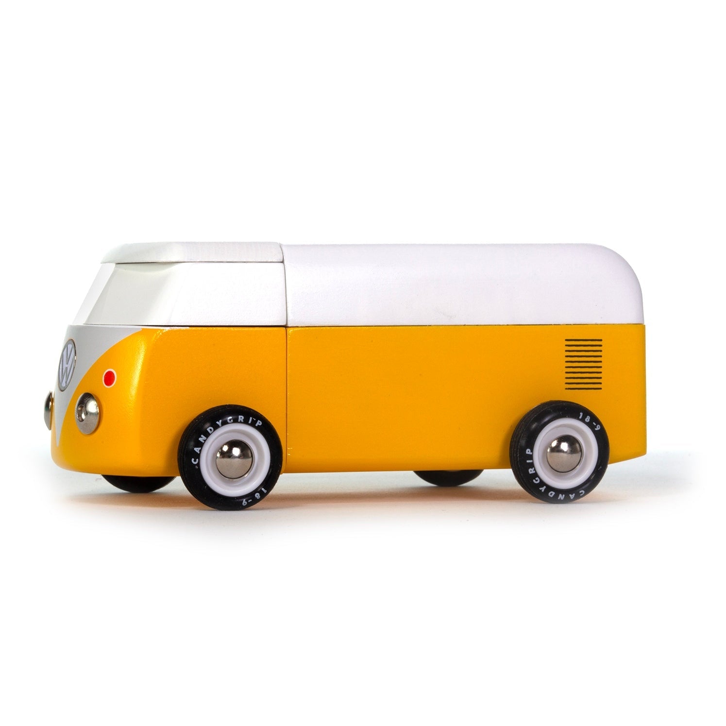 Yellow and white model van on a white background