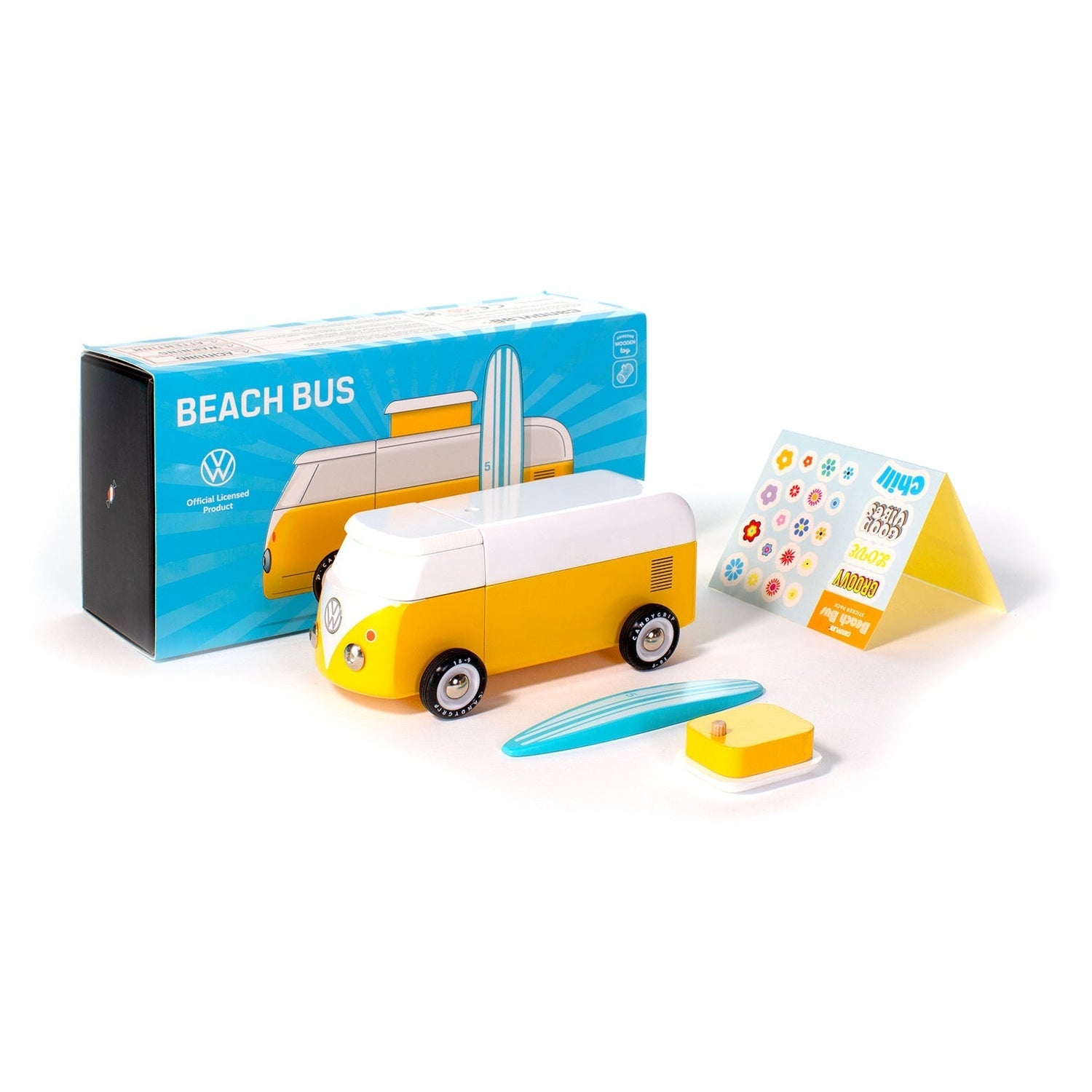 Toy beach bus with packaging and accessories on a white background