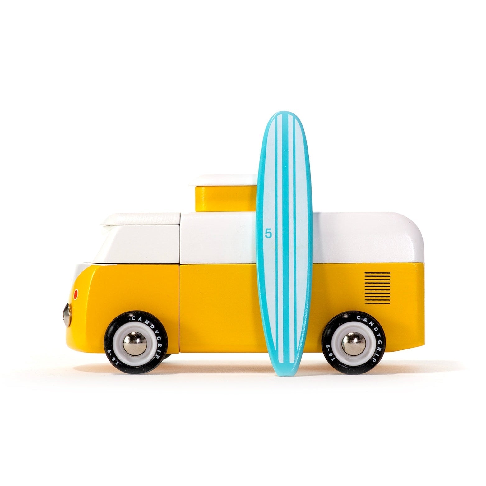 Yellow and white toy van with a blue and white surfboard on a white background