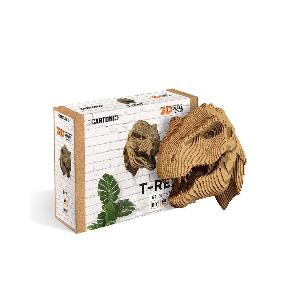3D dinosaur wall puzzle packaging with T-Rex head design on a white background