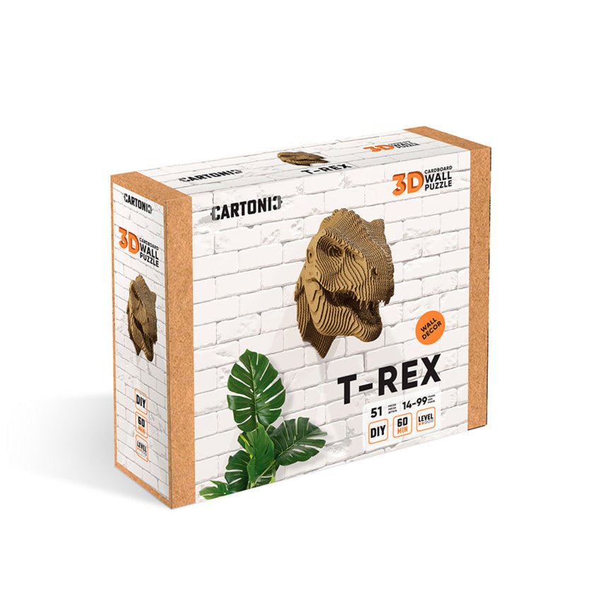 3D T-Rex wall puzzle packaging with wooden border and white background