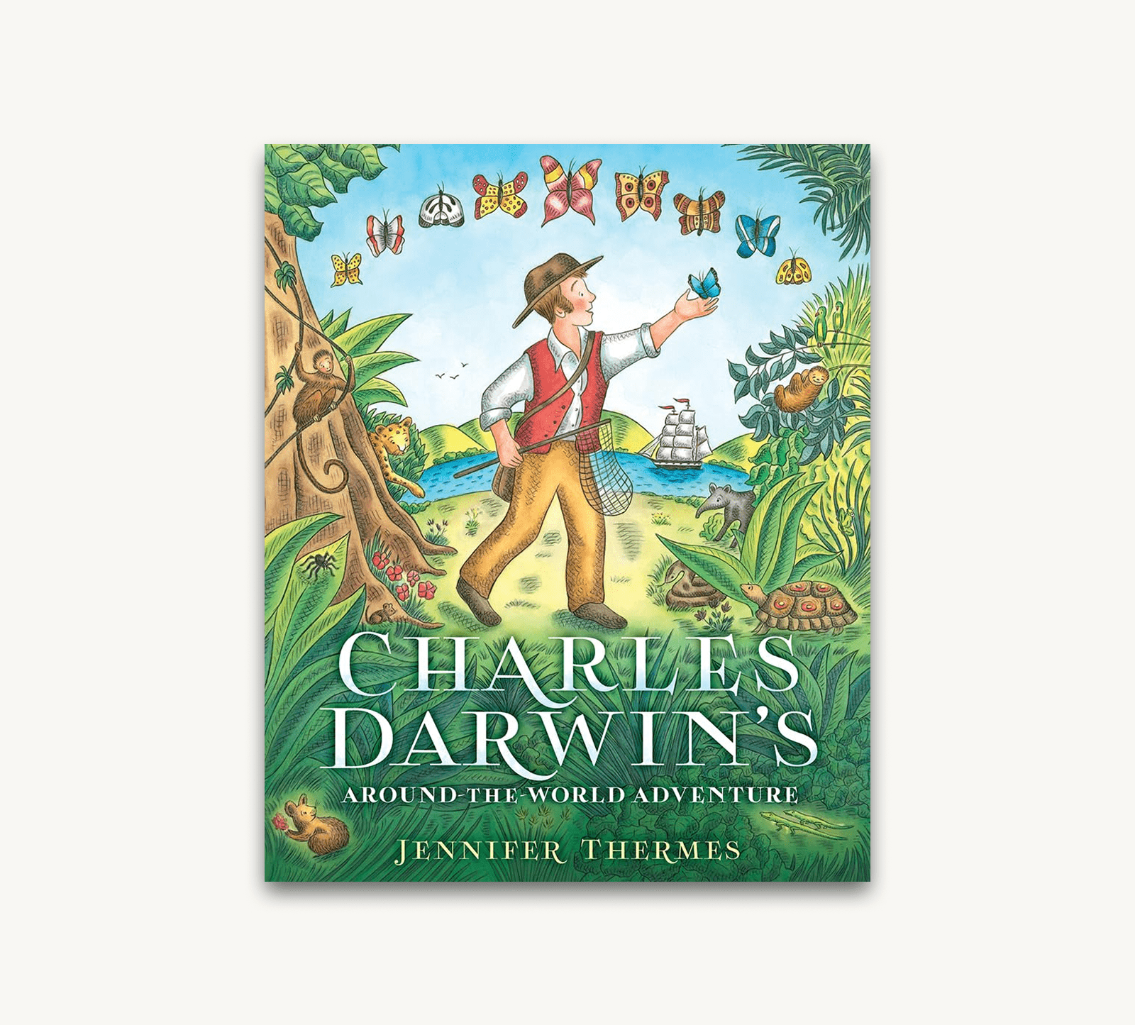 Book cover of 'Charles Darwin's Around the World Adventure' with a colorful illustration of a boy in a jungle setting.