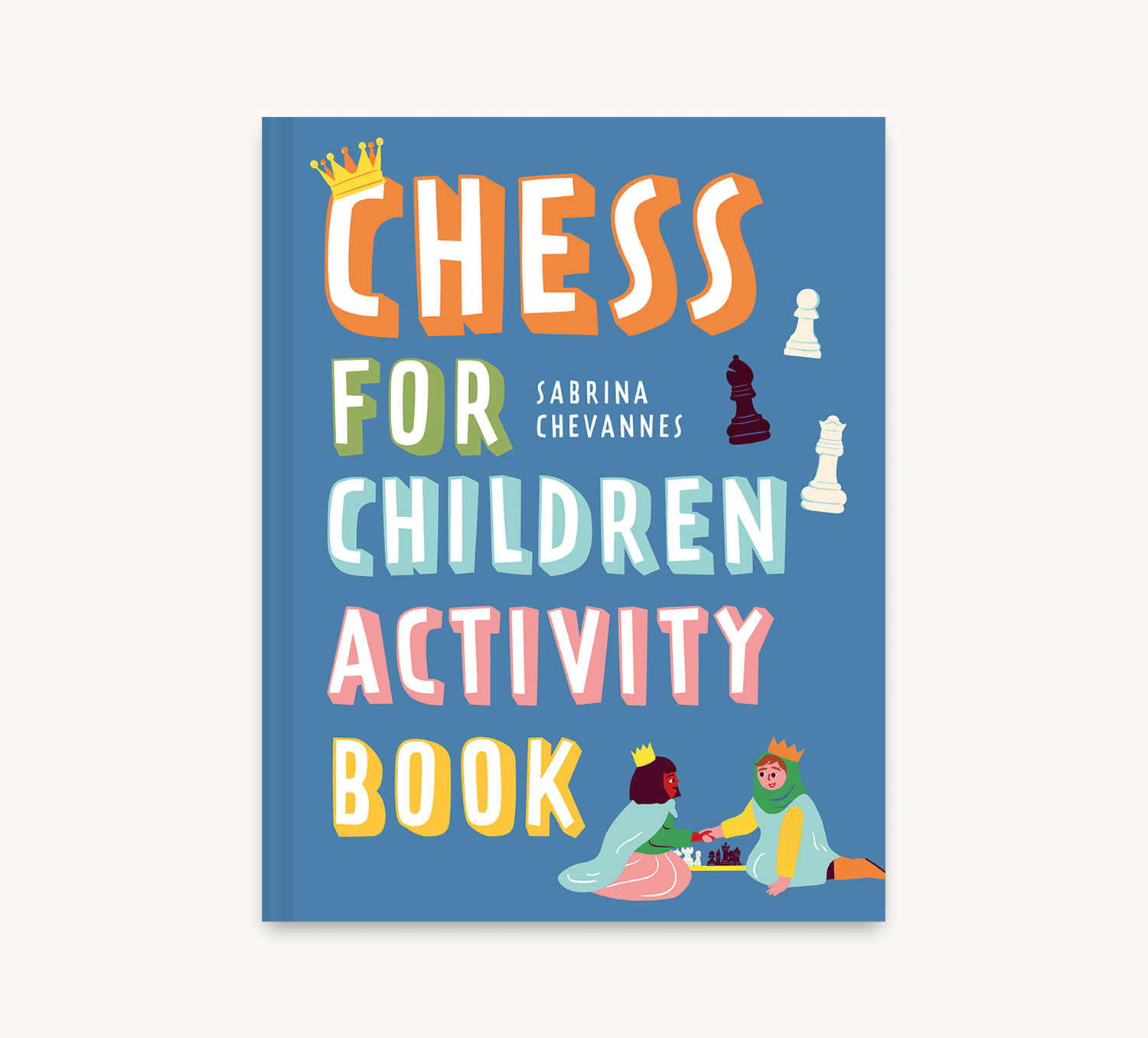 Children's activity book titled 'Chess for Children' with colorful text and chess pieces on a blue background.