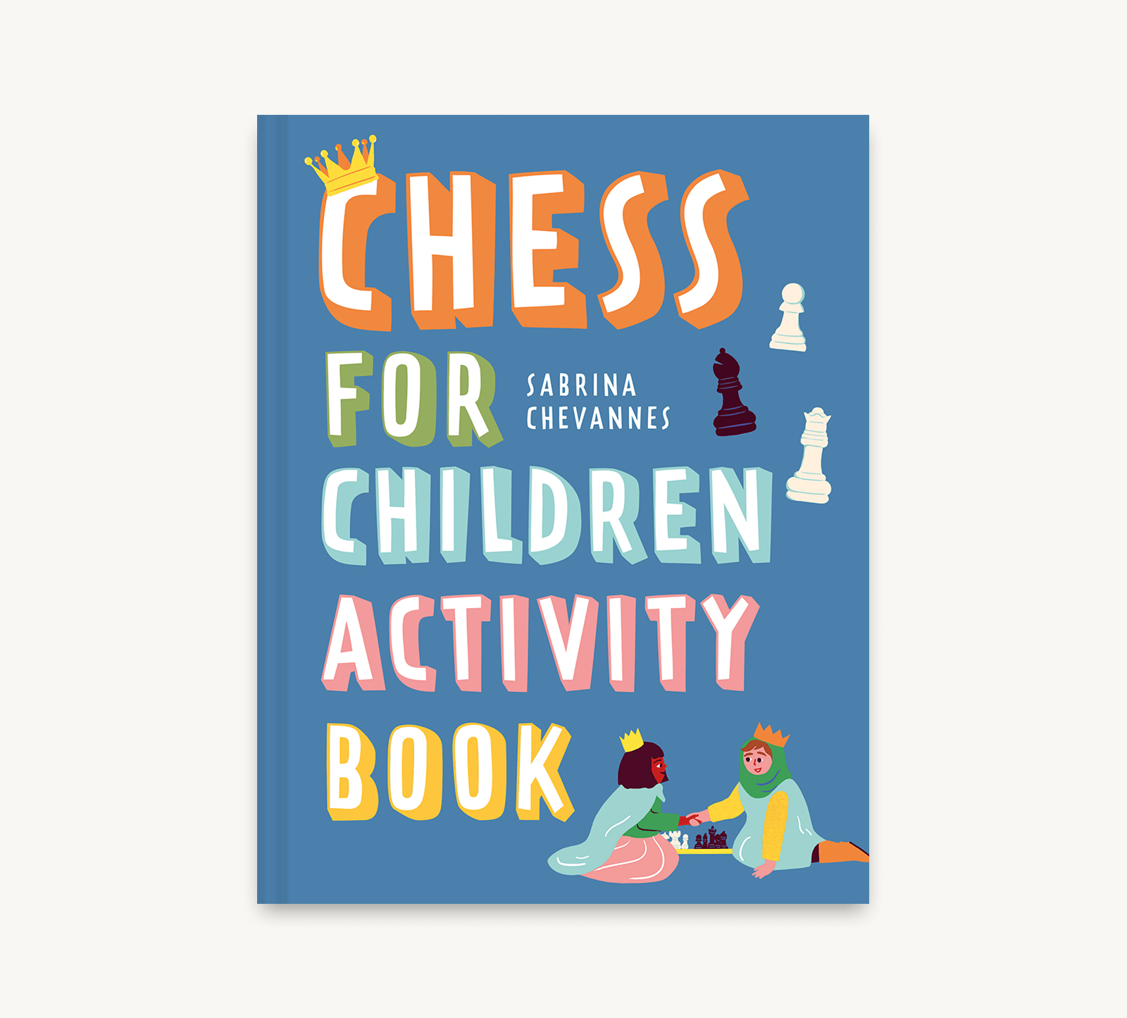 Children's activity book titled 'Chess for Children' with colorful text and chess pieces on a blue background.