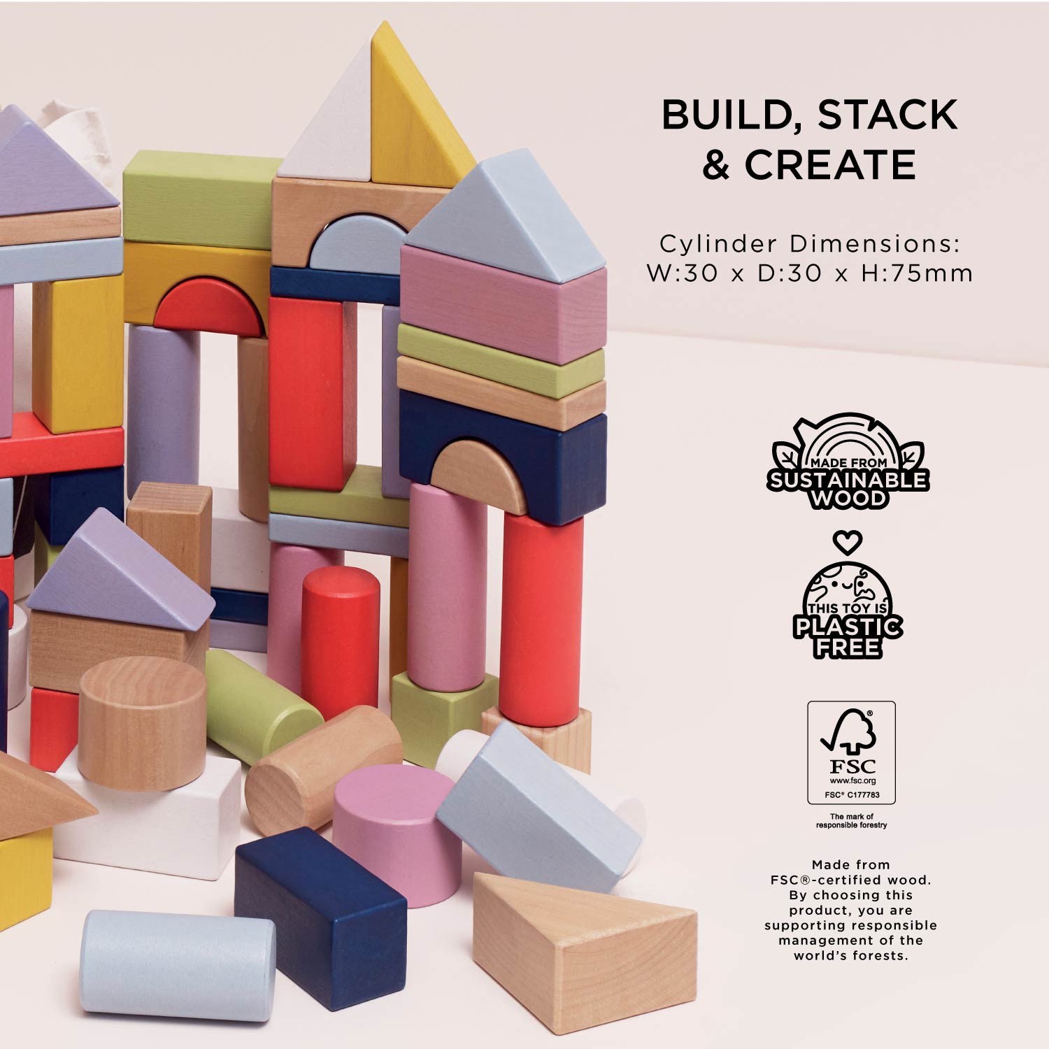 Colorful wooden building blocks with dimensions and sustainability certifications on a light background