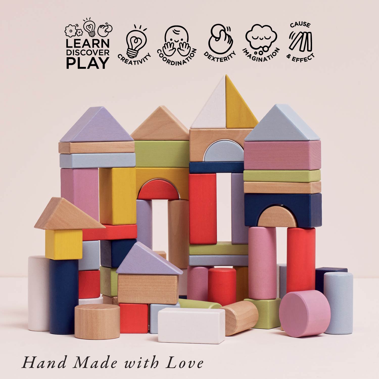 Colorful wooden blocks stacked to form a castle-like structure on a light background with educational icons and text.
