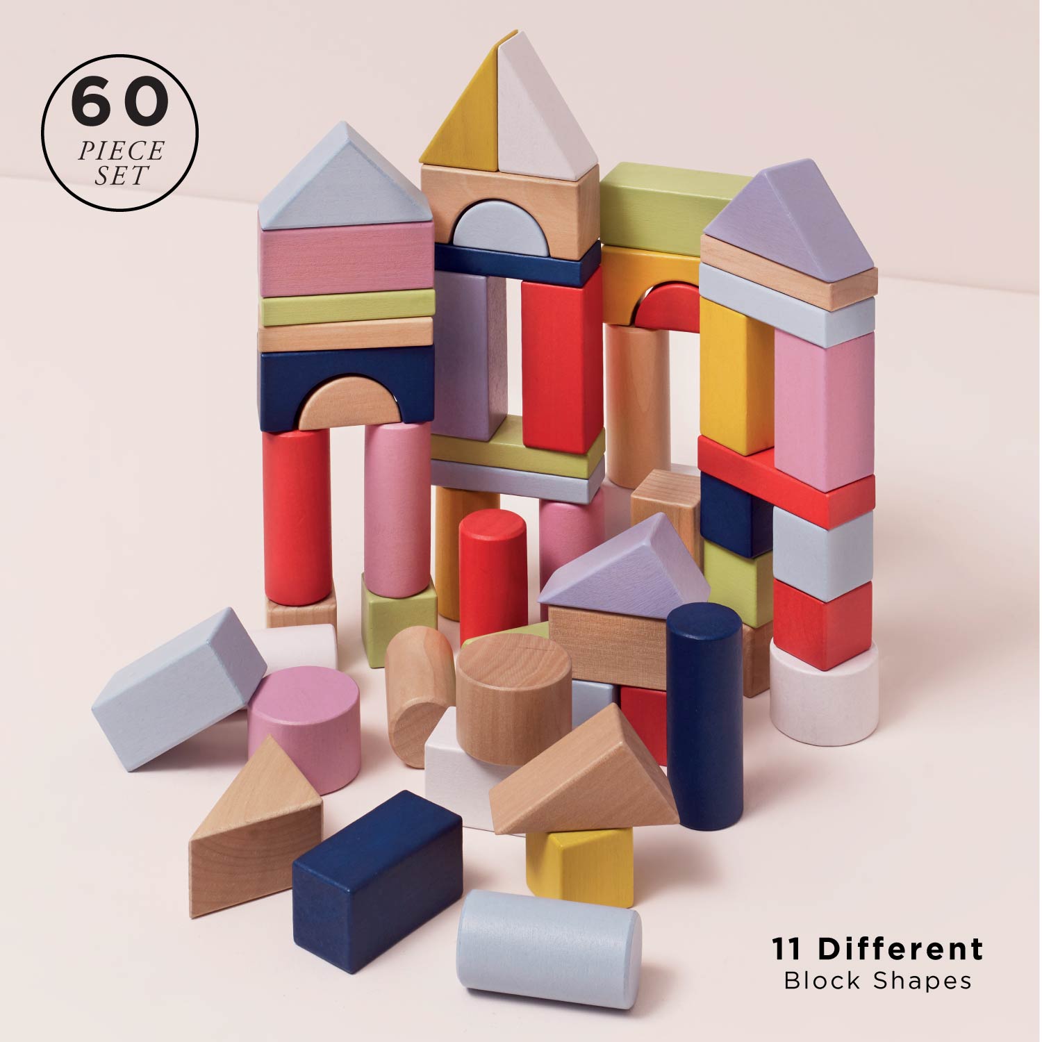 Colorful wooden building blocks with 60-piece set and 11 different block shapes on a light background.