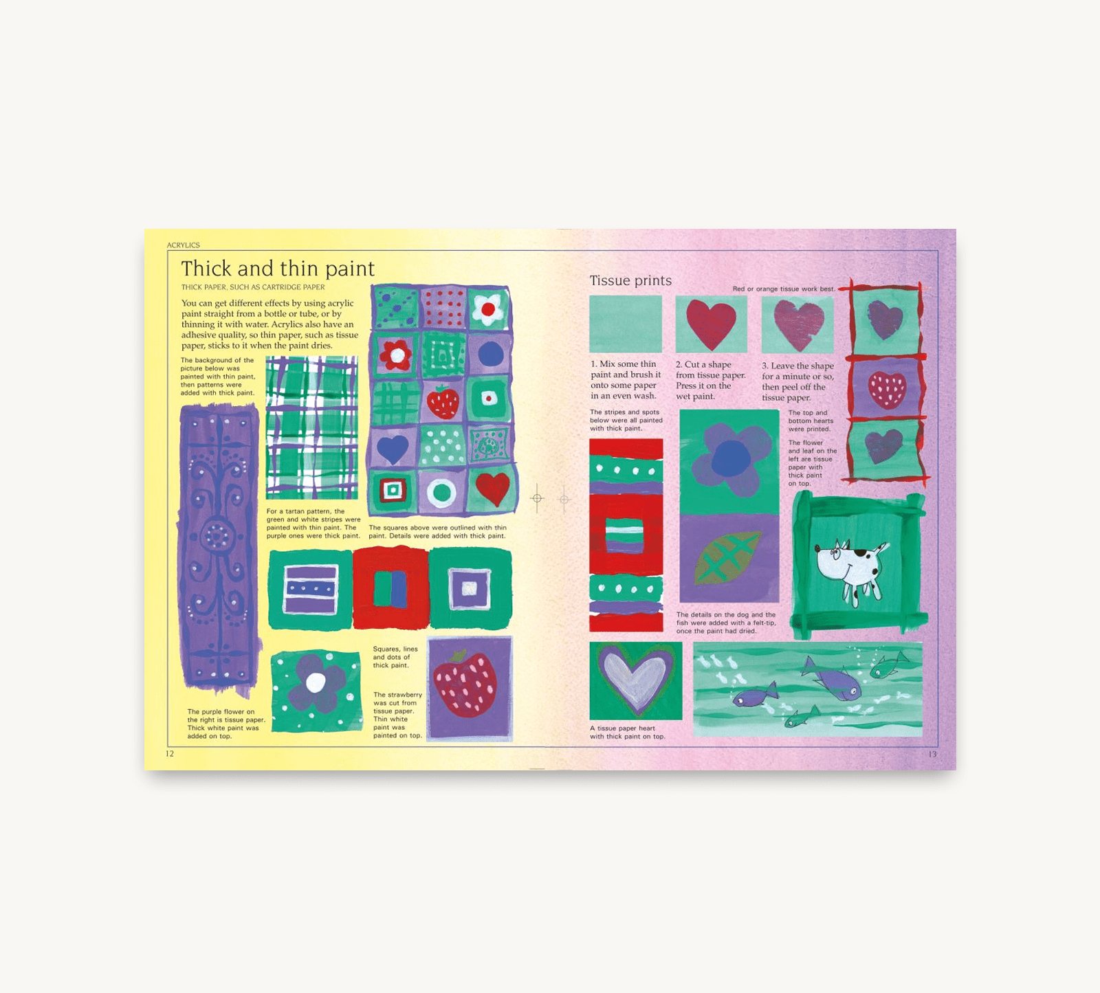 Illustrated page from a book with colorful patterns and text on a white background
