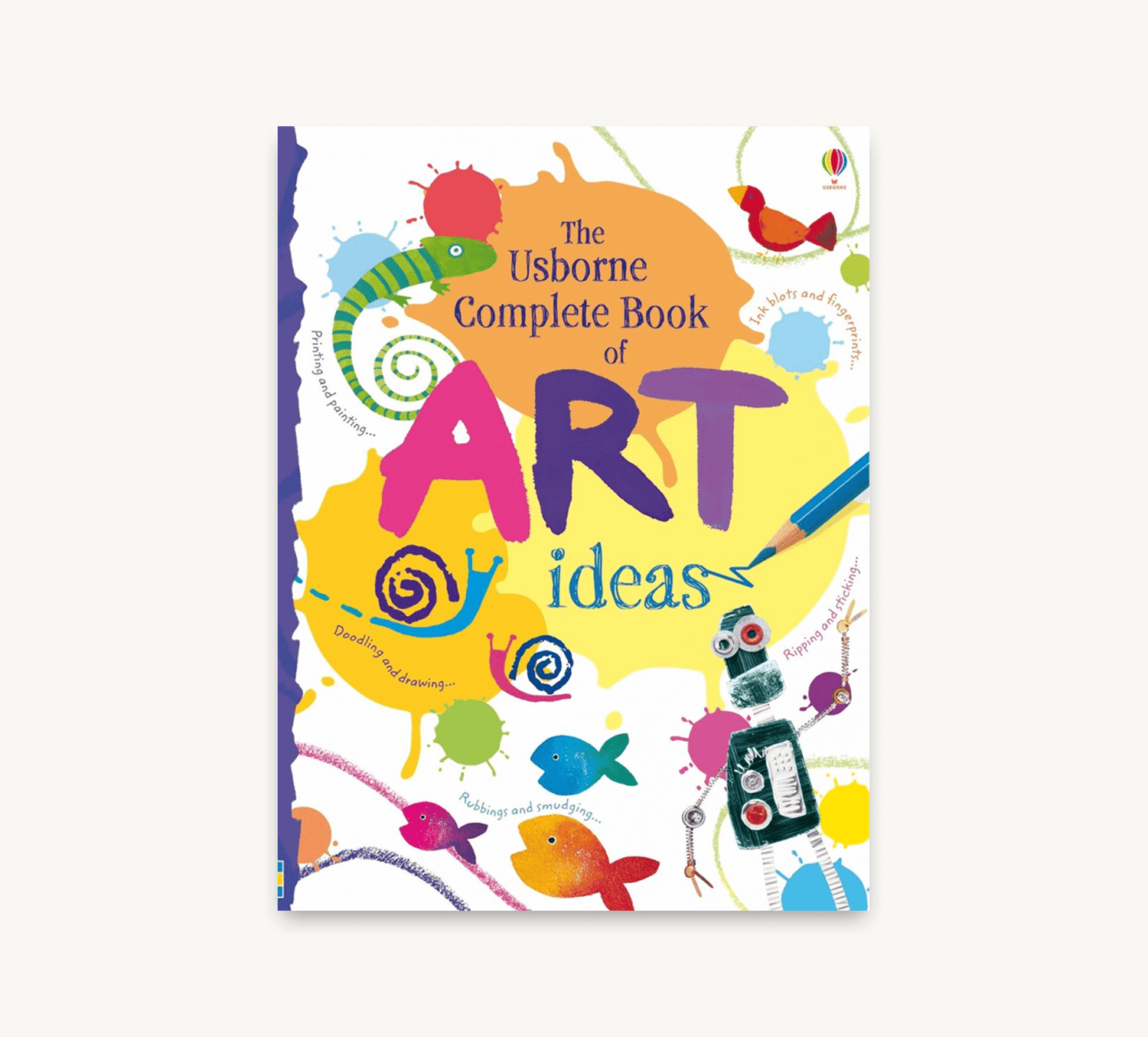 Colorful book cover of 'The Usborne Complete Book of Art Ideas' on a white background
