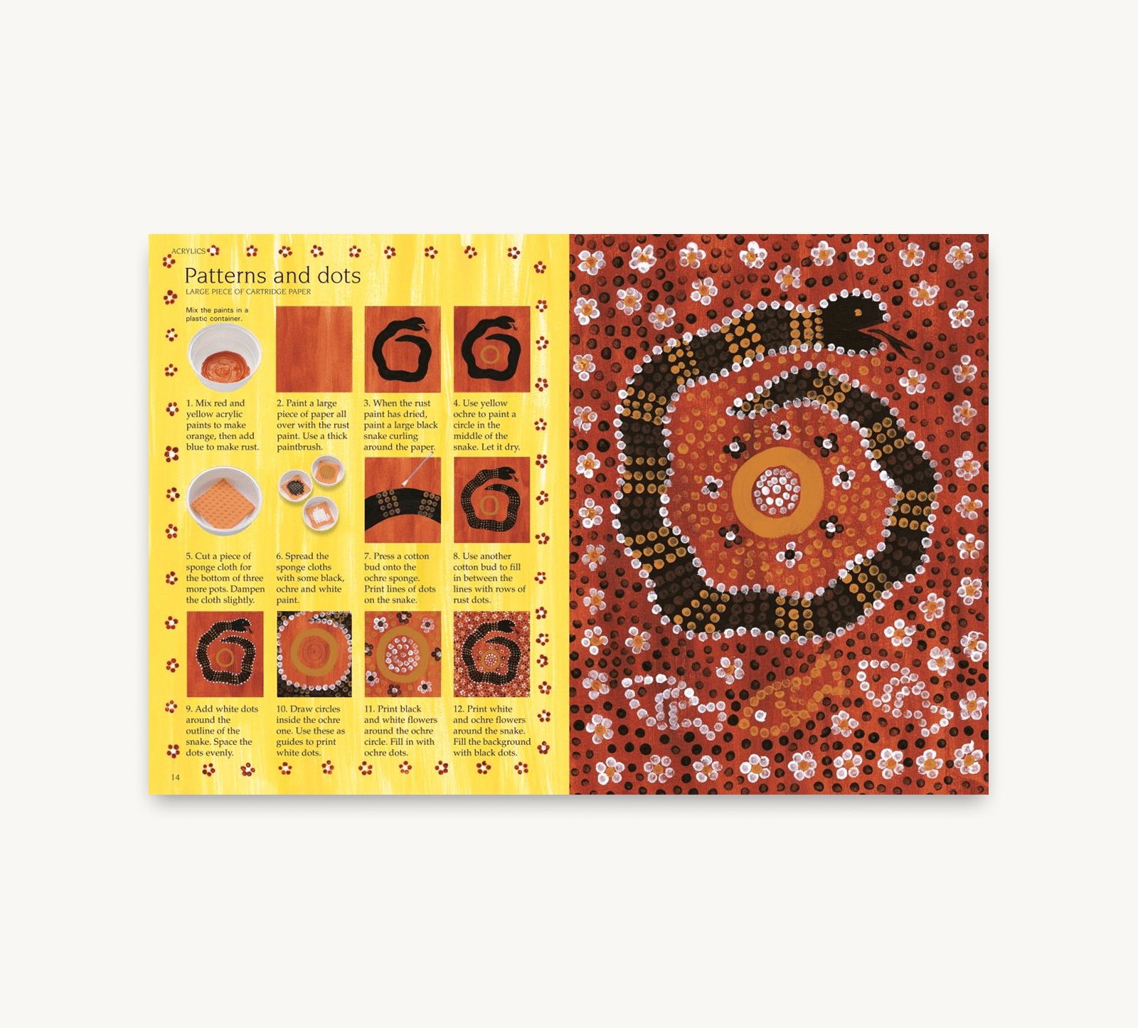 Book page with Aboriginal art and patterns on a white background