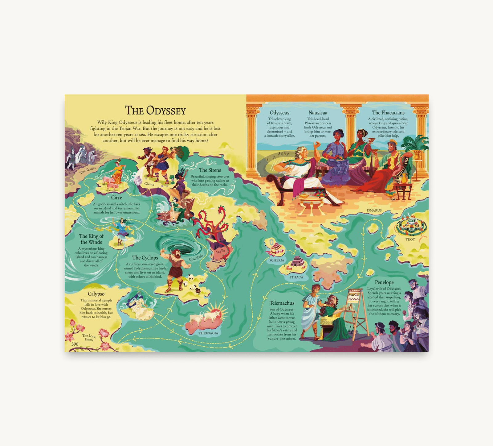 Colorful illustration of 'The Odyssey' with characters and scenes from the story.