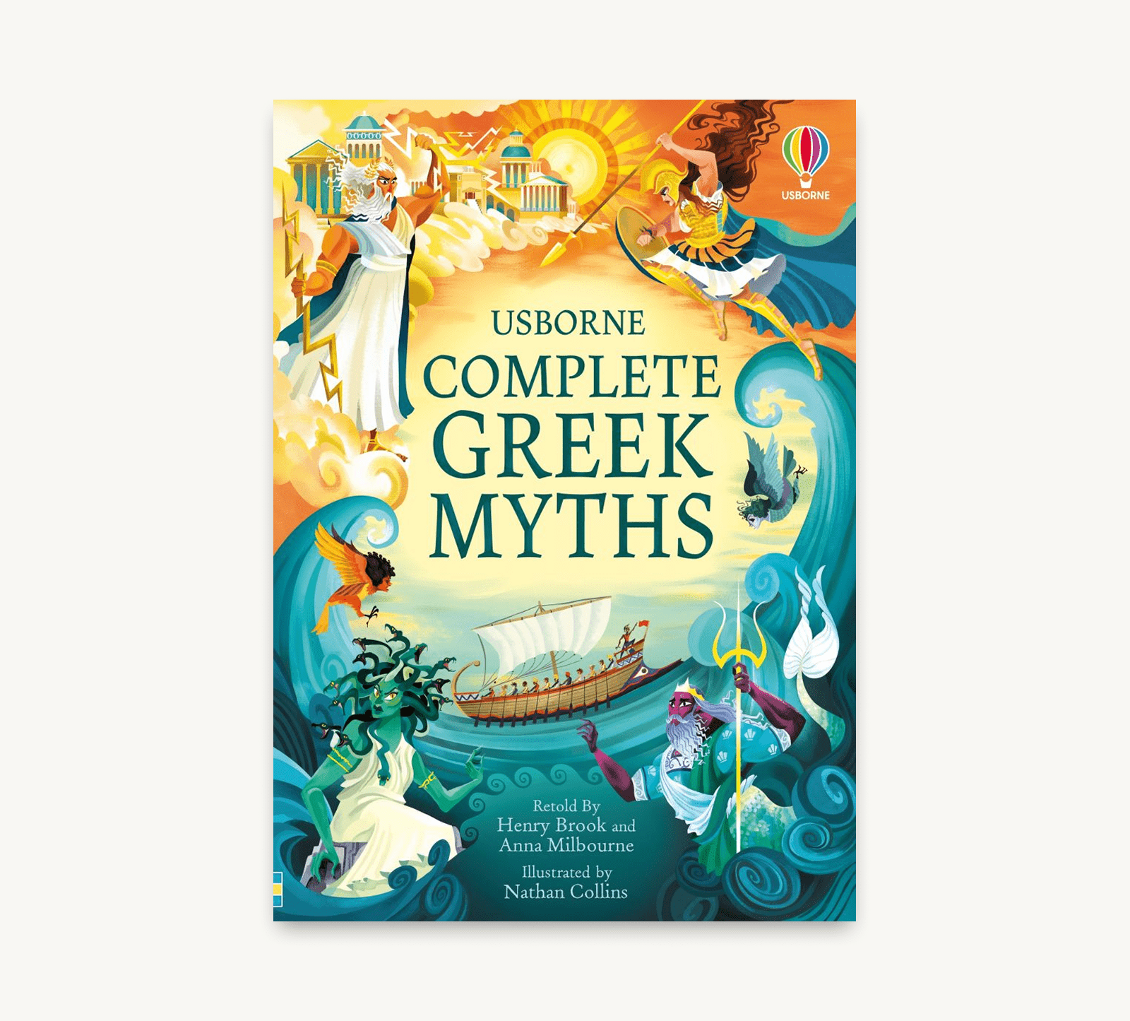 Book cover of 'Complete Greek Myths' by Usborne with colorful illustrations on a white background.
