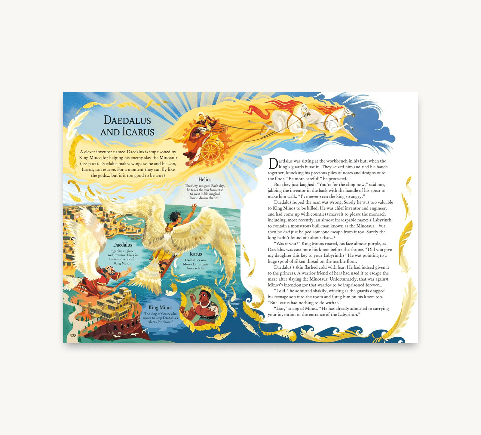 Illustrated book page with mythological story of Daedalus and Icarus