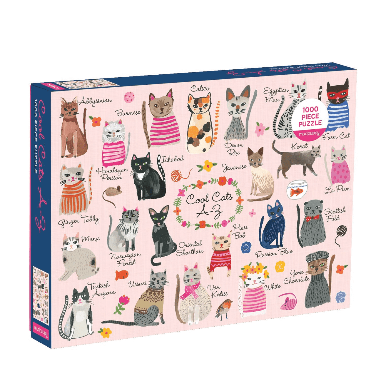 Jigsaw puzzle box with illustrations of cats and their names on a pink background