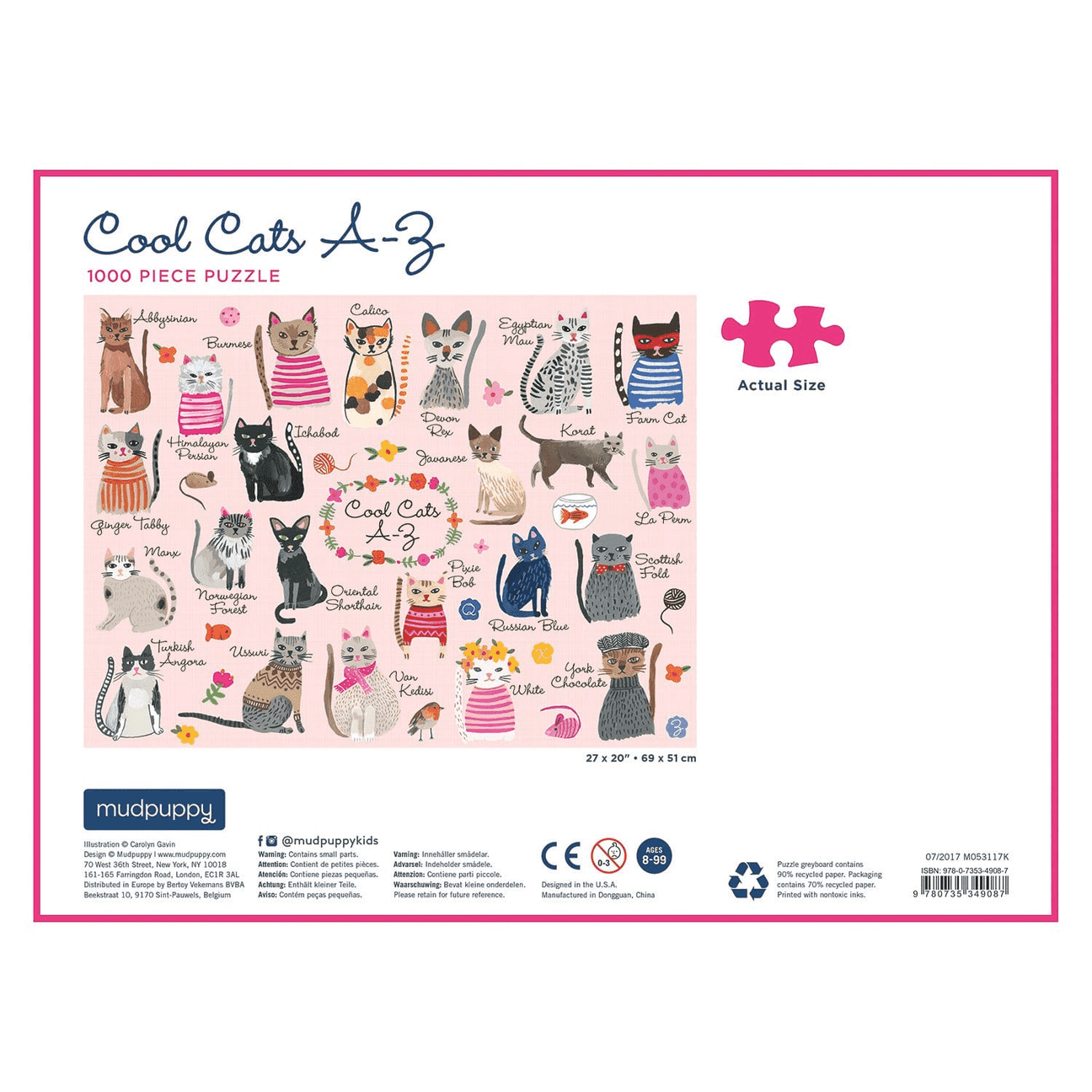 Jigsaw puzzle packaging with 'Cool Cats A-Z' design and Mudpuppy branding.