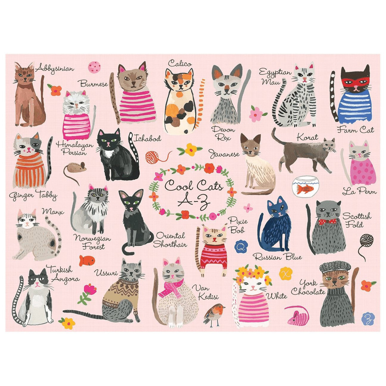 Illustrations of various cat breeds on a pink background with text labels.