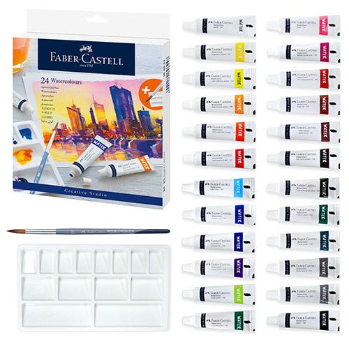 Faber-Castell watercolor set with paint tubes, a palette, and a brush on a white background.