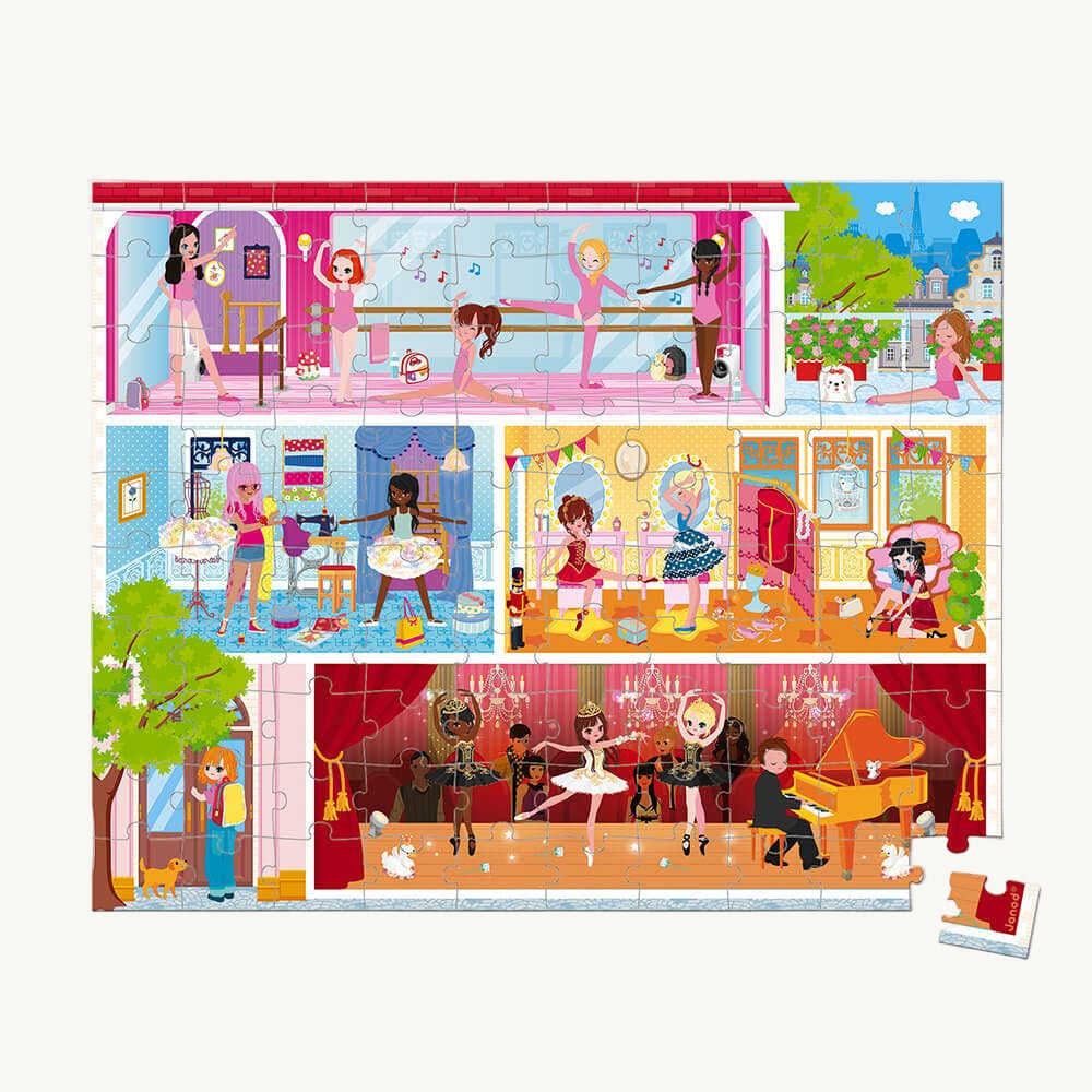 Children's puzzle with illustrated scenes of a ballet school and a restaurant.