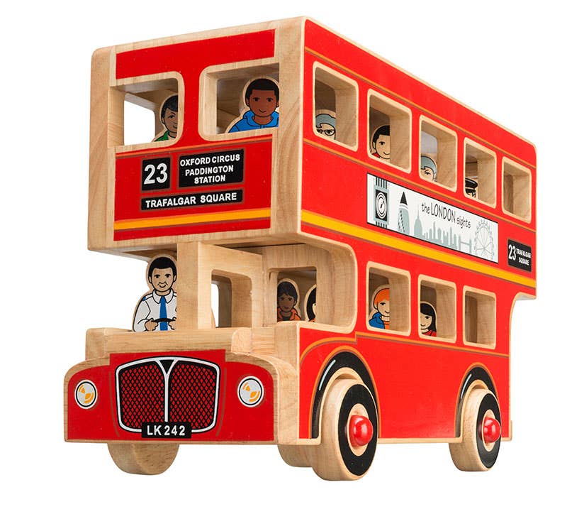 Wooden toy bus with colorful windows on a white background
