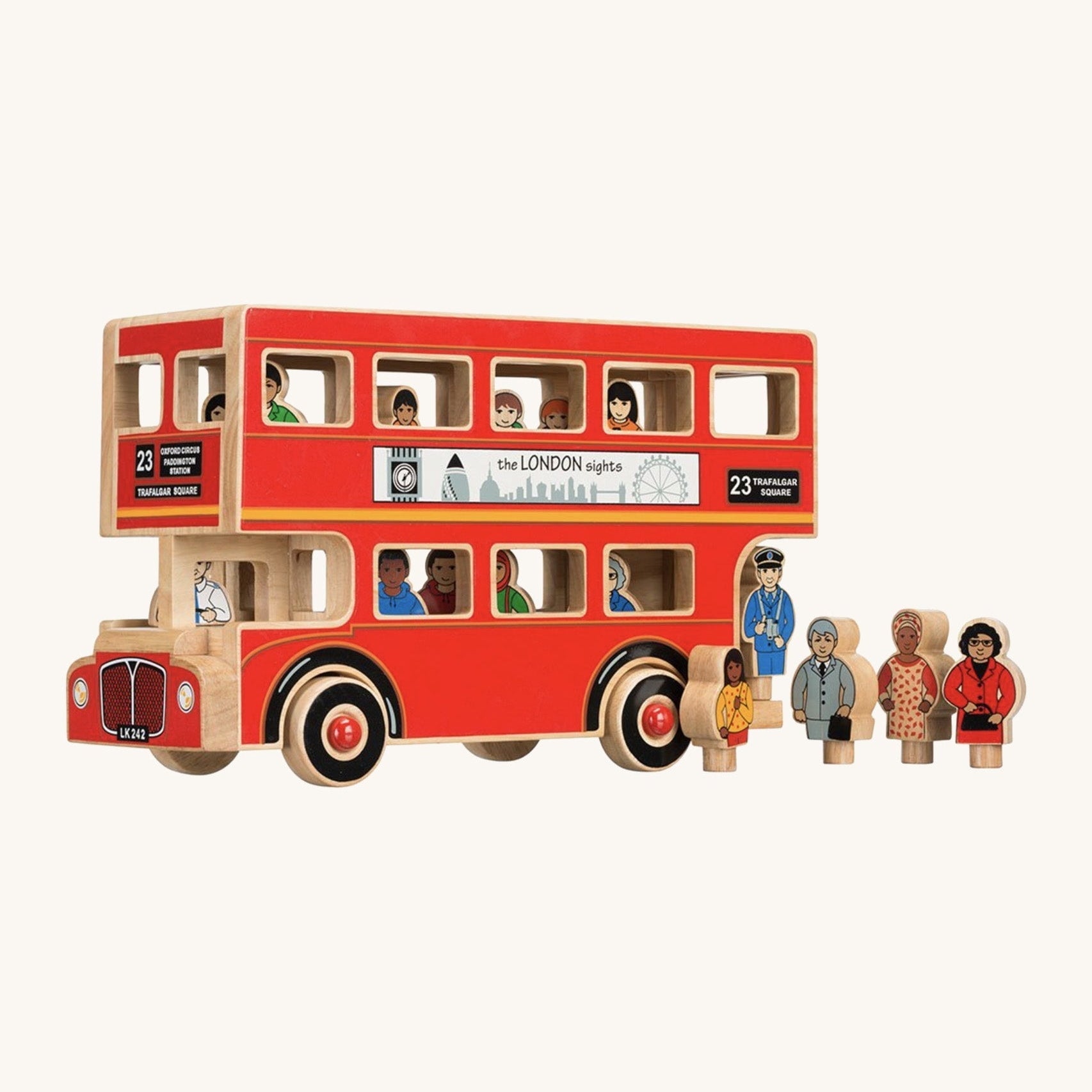 Wooden toy double-decker bus with figures on a white background