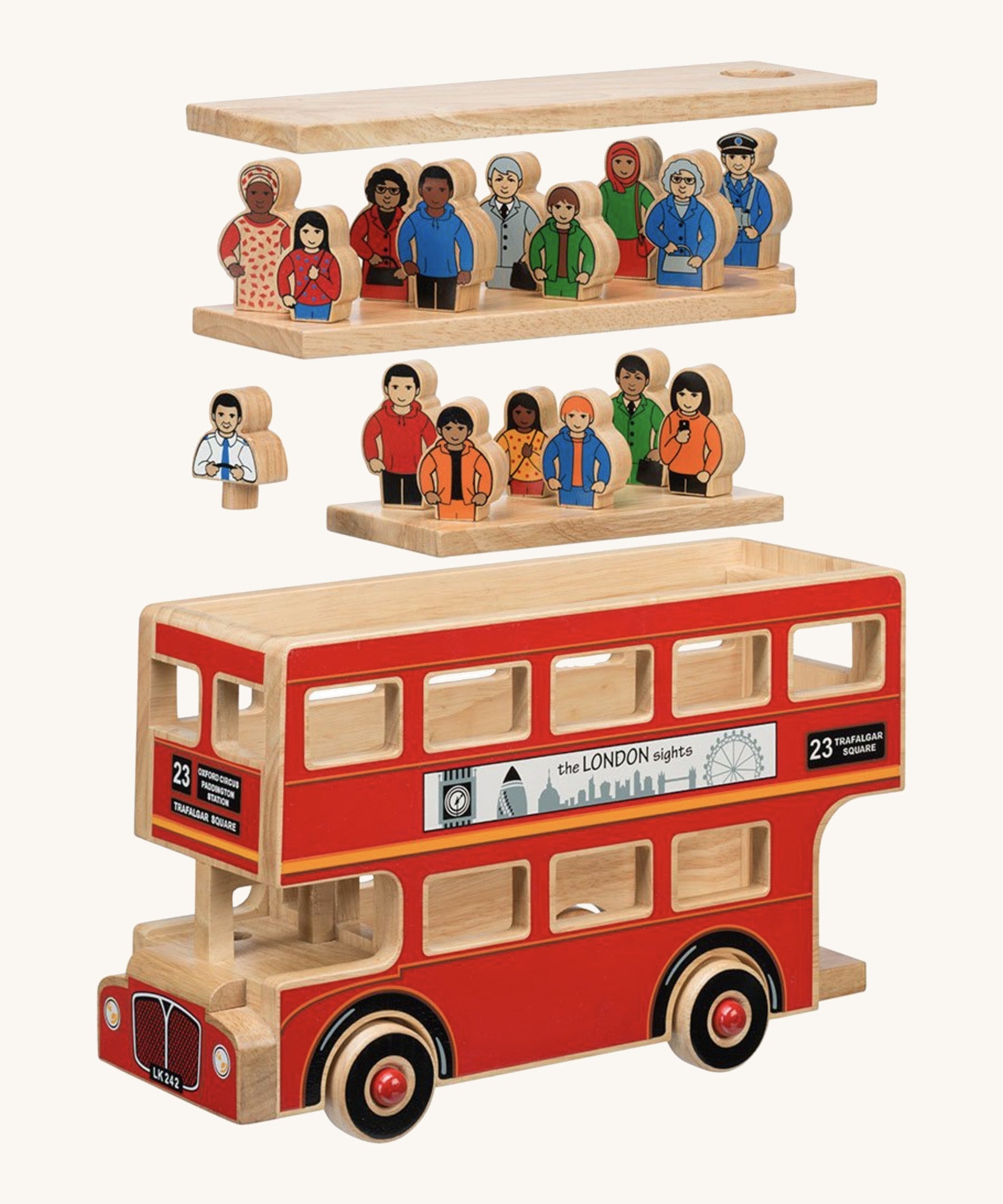Wooden toy bus with multiple figures on shelves against a white background