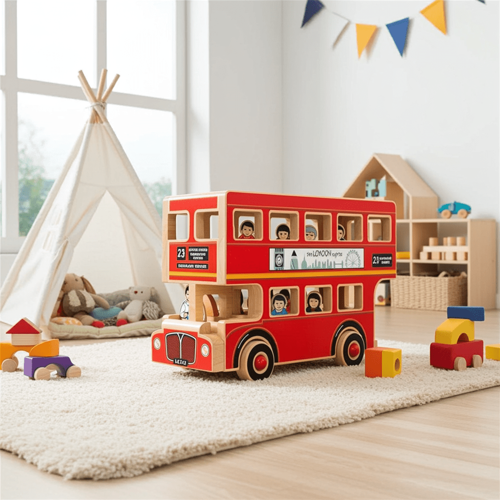 Red toy bus with wooden structure in a child's playroom with toys and a teepee.
