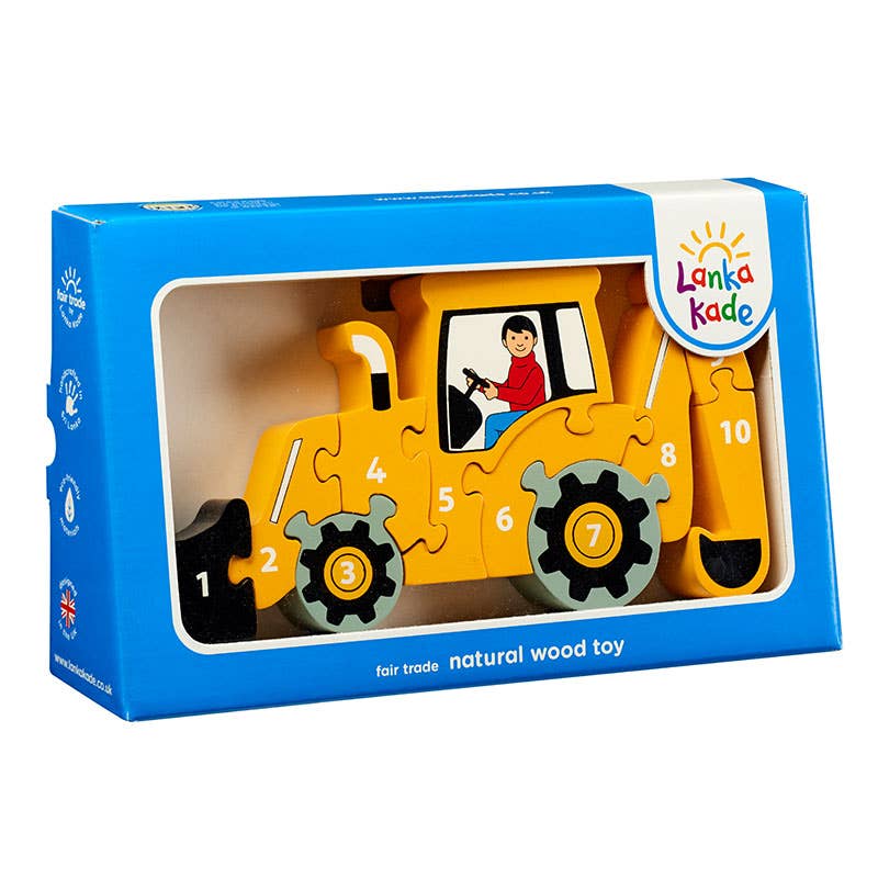 Yellow toy bulldozer puzzle in Lanka Kade packaging on a white background