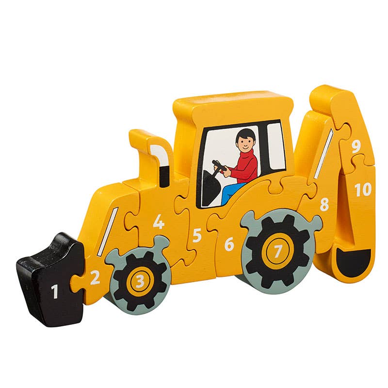 Toy bulldozer puzzle with numbered pieces on a white background