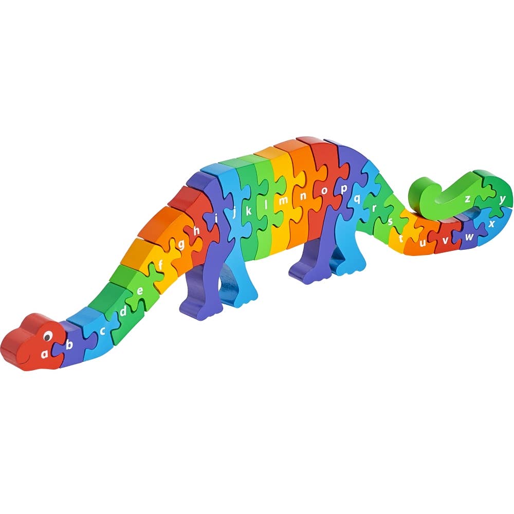 Colorful dinosaur-shaped puzzle toy with alphabet letters on a white background