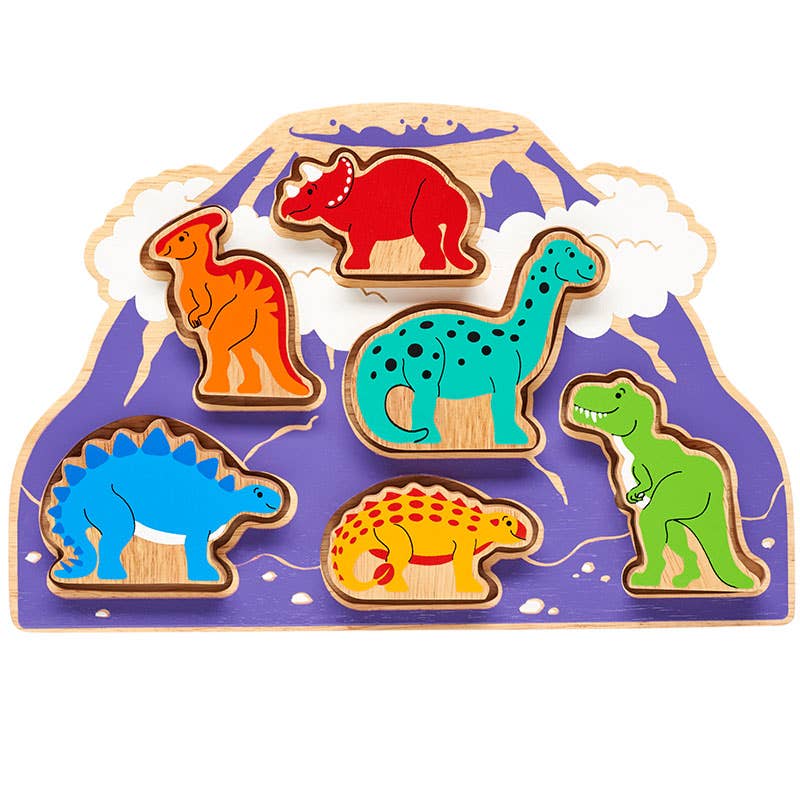 Wooden dinosaur puzzle with colorful dinosaurs on a purple background