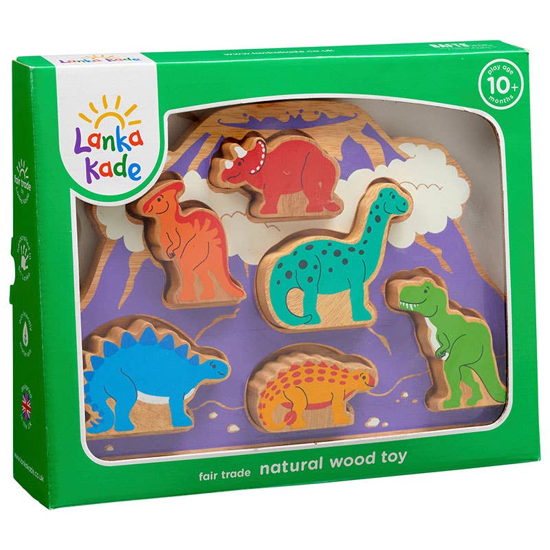 Lanka Kade wooden dinosaur toys in a green box
