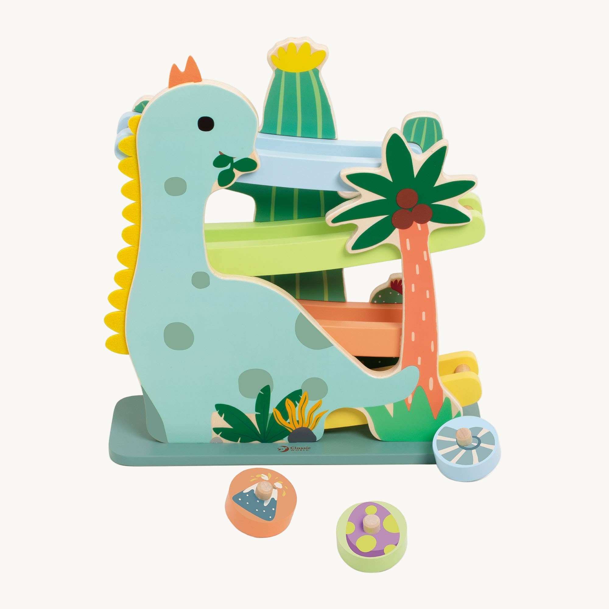 Children's wooden toy with a dinosaur design on a white background