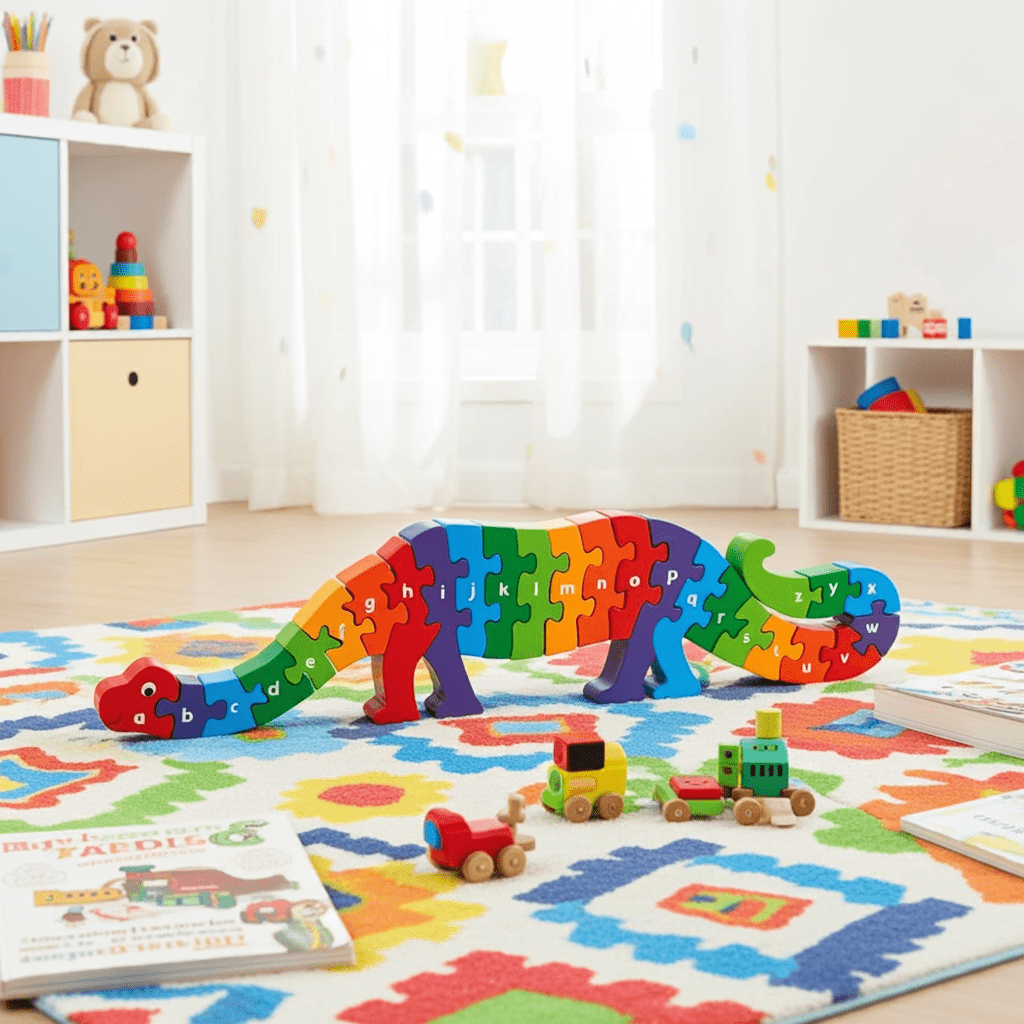 Colorful dinosaur-shaped alphabet puzzle on a play mat with toys and books in a room.
