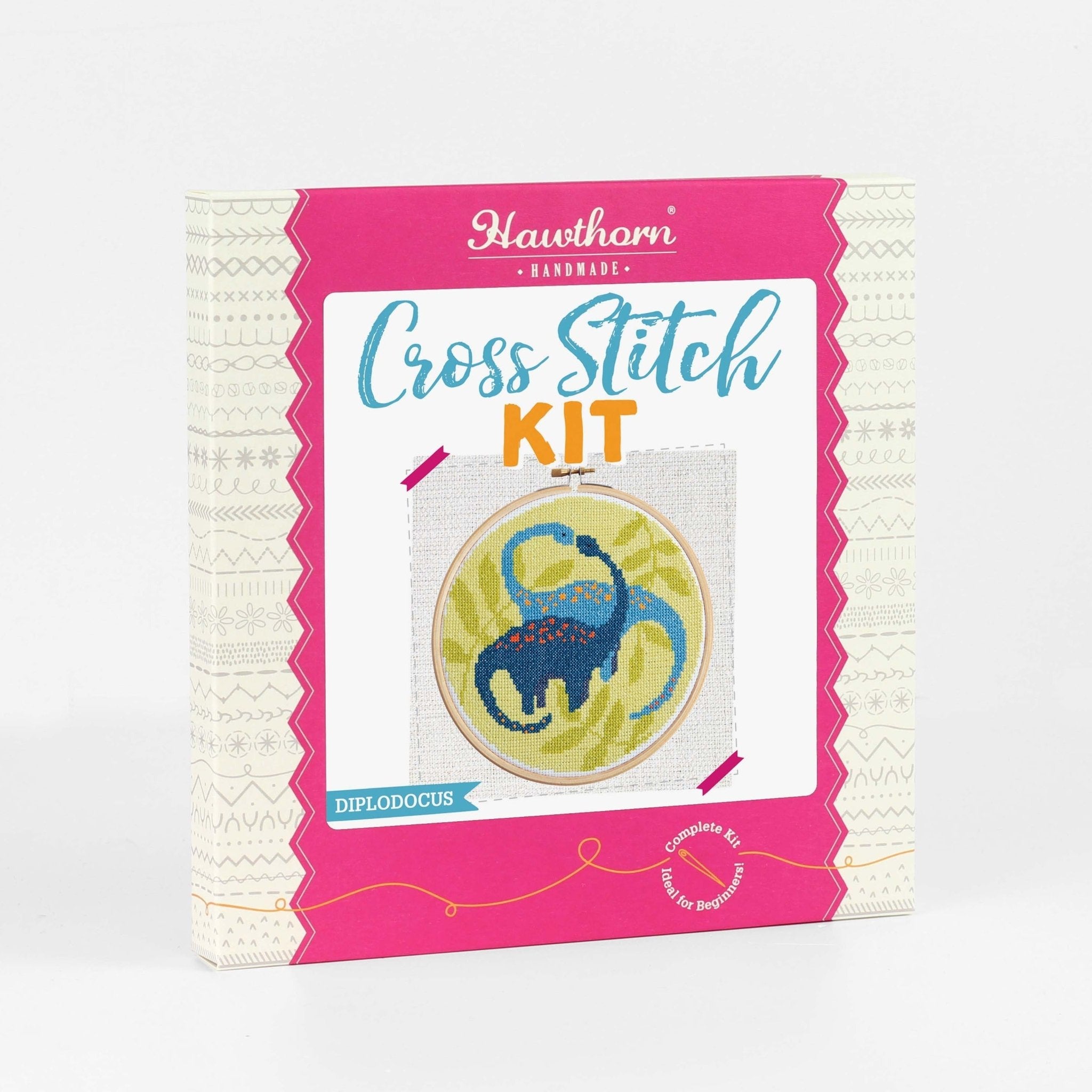 Cross Stitch Kit packaging with dinosaur design on a white background