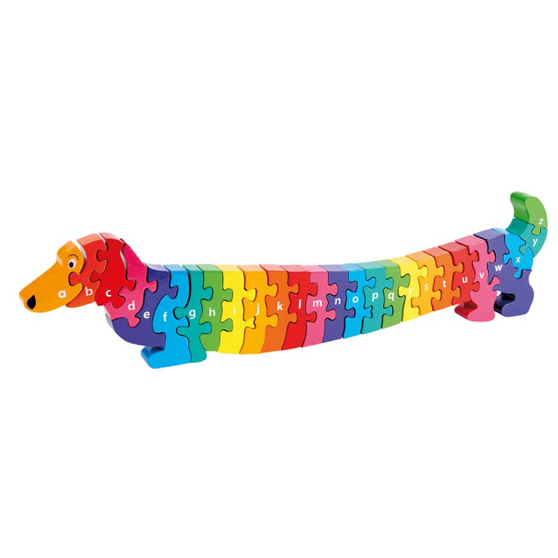 Colorful dog-shaped puzzle with letters on a white background