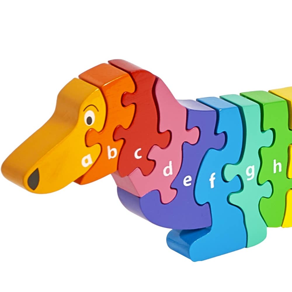 Colorful dog-shaped puzzle toy with letters on a white background