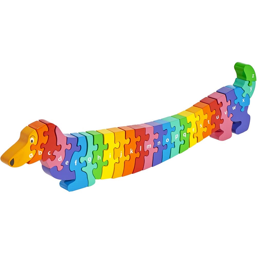 Colorful dog-shaped puzzle with alphabet letters on a white background